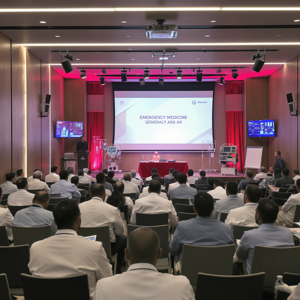 Professional emergency medicine seminar with doctors and medical equipment in modern conference hall